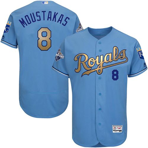 Royals #8 Mike Moustakas Light Blue FlexBase Authentic 2015 World Series Champions Gold Program Stitched MLB Jersey - Click Image to Close